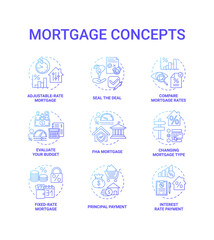Naklejka premium Mortgage concept icons set. Loan housing idea thin line RGB color illustrations. Changing mortgage type. Adjustable-rate mortgage. Seal deal. Compare loan rates. Vector isolated outline drawings