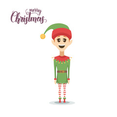 Elf boy in Flat style isolated on white. Vector illustration. Happy New Year and Christmas. Hand made Lettering