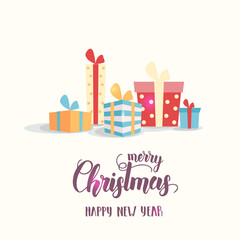 Fototapeta na wymiar Set of Gift boxes isolated on white. Flat style illustration. Happy New Year and merry Christmas. Hand made Lettering