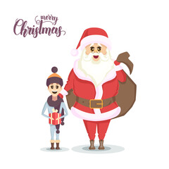 Santa with bag of gifts and happy Boy with Christmas gift box dressed in scarf. Flat style illustration. Happy New Year and Christmas. Hand made Lettering