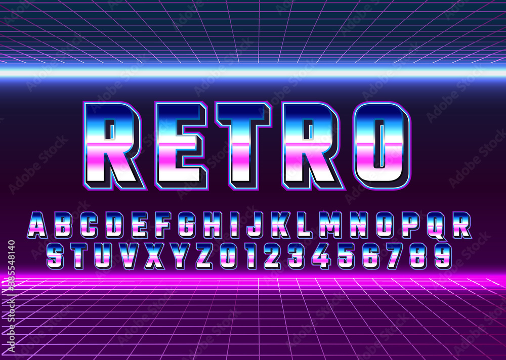 Fototapete retro futuristic 80s font style. vector alphabet with chrome effect template for game title, poster 