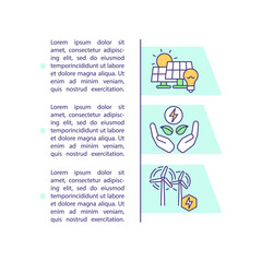 Renewable power resources concept icon with text. Agricultural practices. Solar energy. Wind power. PPT page vector template. Brochure, magazine, booklet design element with linear illustrations