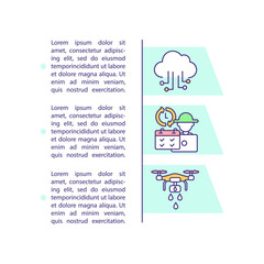 Agriculture innovation concept icon with text. Drones in farming. Farm automation. AI and IoT. PPT page vector template. Brochure, magazine, booklet design element with linear illustrations