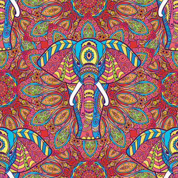 Pattern with mandala and elephant. Geometric circle element made in vector