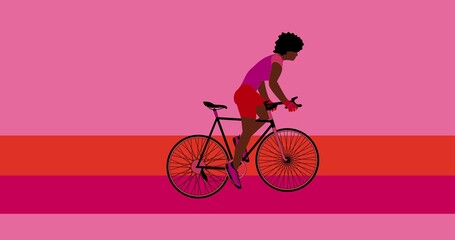 African American cyclist is riding bicycle on the pink background.Cartoon , flat design