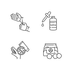 Medical equipment linear icons set. Disposable sterile gloves. Iodine in bottle. Skin rash cream. Customizable thin line contour symbols. Isolated vector outline illustrations. Editable stroke