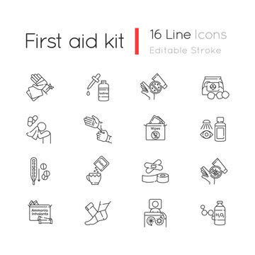First aid kit linear icons set. Elastic bandages for injury treatment. Fever medication. Customizable thin line contour symbols. Isolated vector outline illustrations. Editable stroke