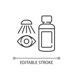 Eyewash linear icon. Medicinal eye shower. First aid wash. Cleaning rinse. First aid drops. Thin line customizable illustration. Contour symbol. Vector isolated outline drawing. Editable stroke