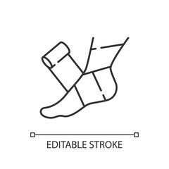 Elastic bandage linear icon. Suffer from injury. Hurt foot. Join trauma treatment. Thin line customizable illustration. Contour symbol. Vector isolated outline drawing. Editable stroke