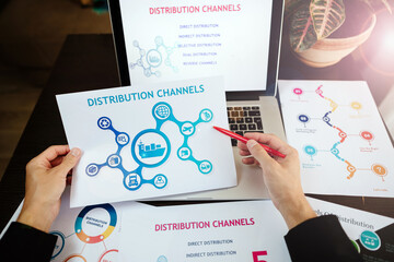 marketing distribution channels plan on office desk. Marketing manager desk with plans and strategy of distributive channels for new product. 