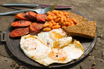 Traditional Full English Breakfast with Eggs, Bacon, Sausage
