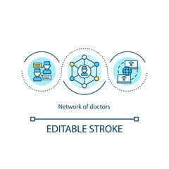 Doctors network concept icon. Improving healthcare access idea thin line illustration. Seeing patients online. Real-time consultation. Vector isolated outline RGB color drawing. Editable stroke