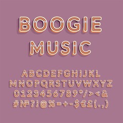 Boogie music header vintage 3d vector alphabet set. Retro bold font, typeface. Pop art stylized lettering. Old school style letters, numbers, symbols pack. 90s, 80s creative typeset design template
