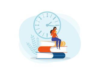 woman reading book, sitting on stack of giant books. Time to read books Concept Flat vector illustration