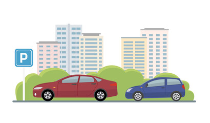 Parking lot with two cars on city background. Flat style, vector illustration.
