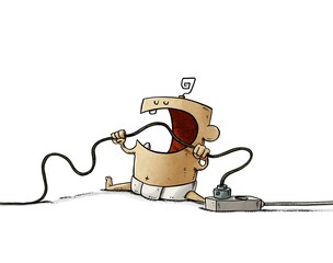 baby is biting a cord that is plugged into the electricity networks. Home electrical hazards. isolated