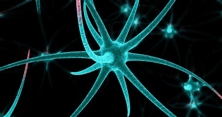 Neon neuron cells on the black background. 3D illustration