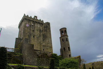 Fototapeta premium Tower and part of stone castle with vegetation and clear sky
