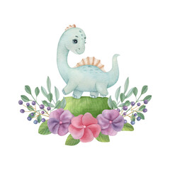 Cute little dinosaur with flower composition on the light background. Watercolor isolated cartoon kids illustration. Ideal for invitation, poster, home decor, packaging design, print.