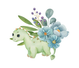 Cute little dinosaur with flower composition on the light background. Watercolor isolated cartoon kids illustration. Ideal for invitation, poster, home decor, packaging design, print.