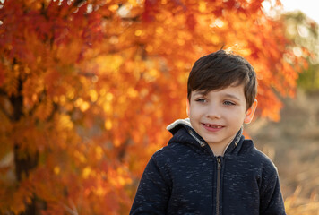 Little smiling kid boy walking in the autumn park with orange and yellow leaves on the trees