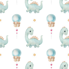 Watercolor seamless pattern with cute dinosaur and balloon on the light background. Funny kids illustration. Ideal for children's textile, wrapping, and other designs.