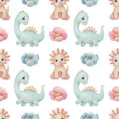 Watercolor seamless pattern with cute dinosaur and flower on the light background. Funny kids illustration. Ideal for children's textile, wrapping, and other designs.