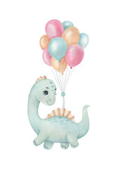 Cute little dinosaur with balloons on the light background. Watercolor cartoon kids illustration. Ideal for invitation, poster, home decor, packaging design, print.