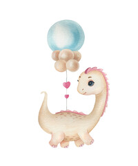 Cute little dinosaur with balloons on the light background. Watercolor cartoon kids illustration. Ideal for invitation, poster, home decor, packaging design, print.