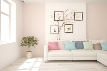 White living room with sofa. Scandinavian interior design. 3D illustration