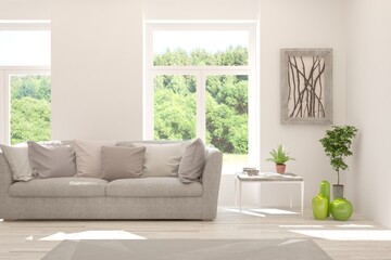 White living room with sofa and summer landscape in window. Scandinavian interior design. 3D illustration