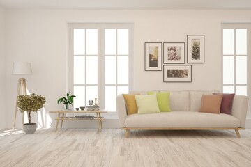 White living room with sofa. Scandinavian interior design. 3D illustration