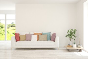 White living room with sofa and summer landscape in window. Scandinavian interior design. 3D illustration