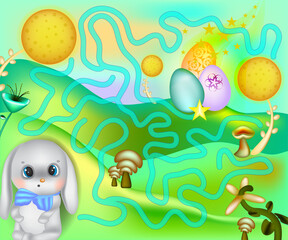 A board game with a rabbit. Easter. Maze game for kids with bunny and painted eggs