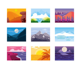 landscape different weather winter summer scenery icons