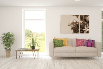 White living room with sofa and summer landscape in window. Scandinavian interior design. 3D illustration