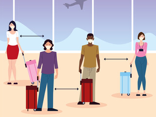 airport new normal, group people social distance between passengers