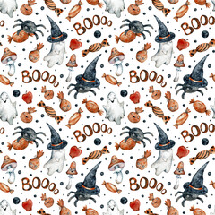 Watercolor seamless pattern with orange Halloween candies, pumpkins, ghosts, mushrooms, black hats and spikes.