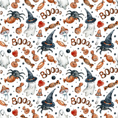 Watercolor seamless pattern with orange Halloween candies, pumpkins, ghosts, mushrooms, black hats and spikes.