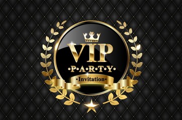 Vector golden ring with ribbon and VIP invitation text on black luxury background.