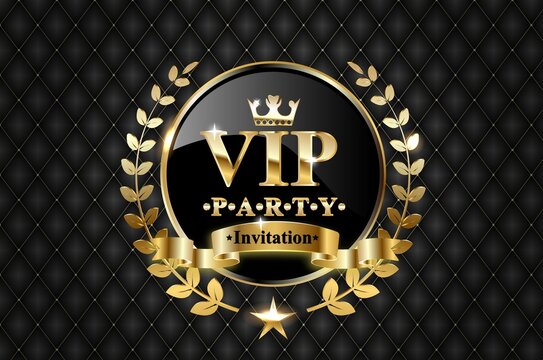 Vector golden ring with ribbon and VIP invitation text on black luxury background.