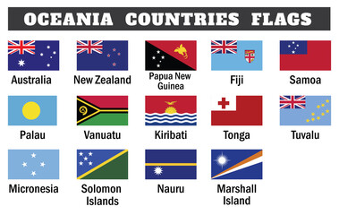 Oceania countries flags drawing by illustration,fourteen Oceania countries flags with names -Vector