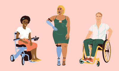 Couple man and women on a wheelchair and with a prosthesis. Flat style illustration. Women and white man with disabilities. Life without limits for paralyzed people. Design of volunteer organizations.