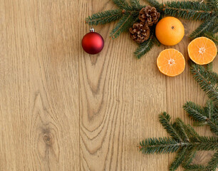Christmas holidays composition on a wooden background.