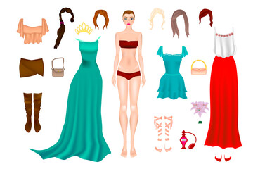 Fototapeta na wymiar Paper Doll With Clothes, Shoes And Different Hairstyle. Body templates
