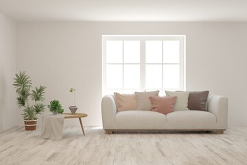 Fototapeta premium White living room with sofa. Scandinavian interior design. 3D illustration