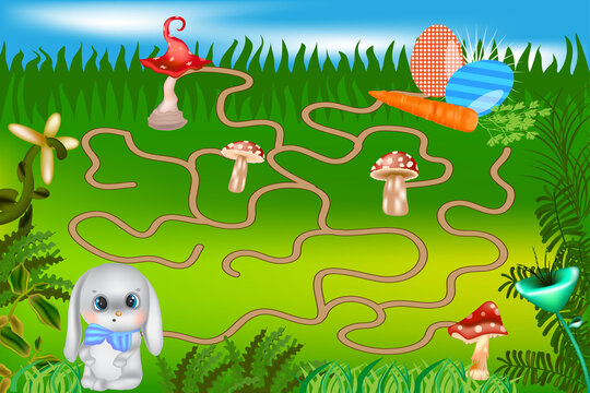 A board game with a rabbit. Easter. Maze game for kids with bunny and painted eggs.