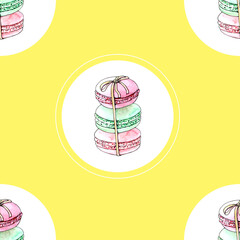 Seamless pattern with macaroons for textile, paper, website, card. Watercolor illustration on yellow color background.