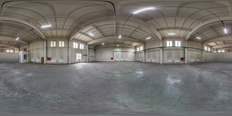 full seamless spherical hdri panorama 360 degrees in interior of large empty room as warehouse or hangar in equirectangular projection. VR AR concept - obrazy, fototapety, plakaty