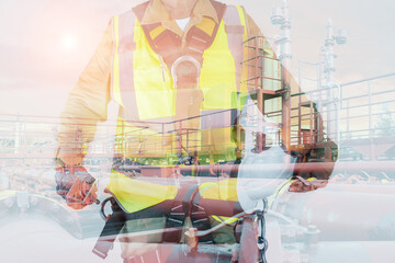 double exposure people safety concept hand holding walkie talkie and safety helmet